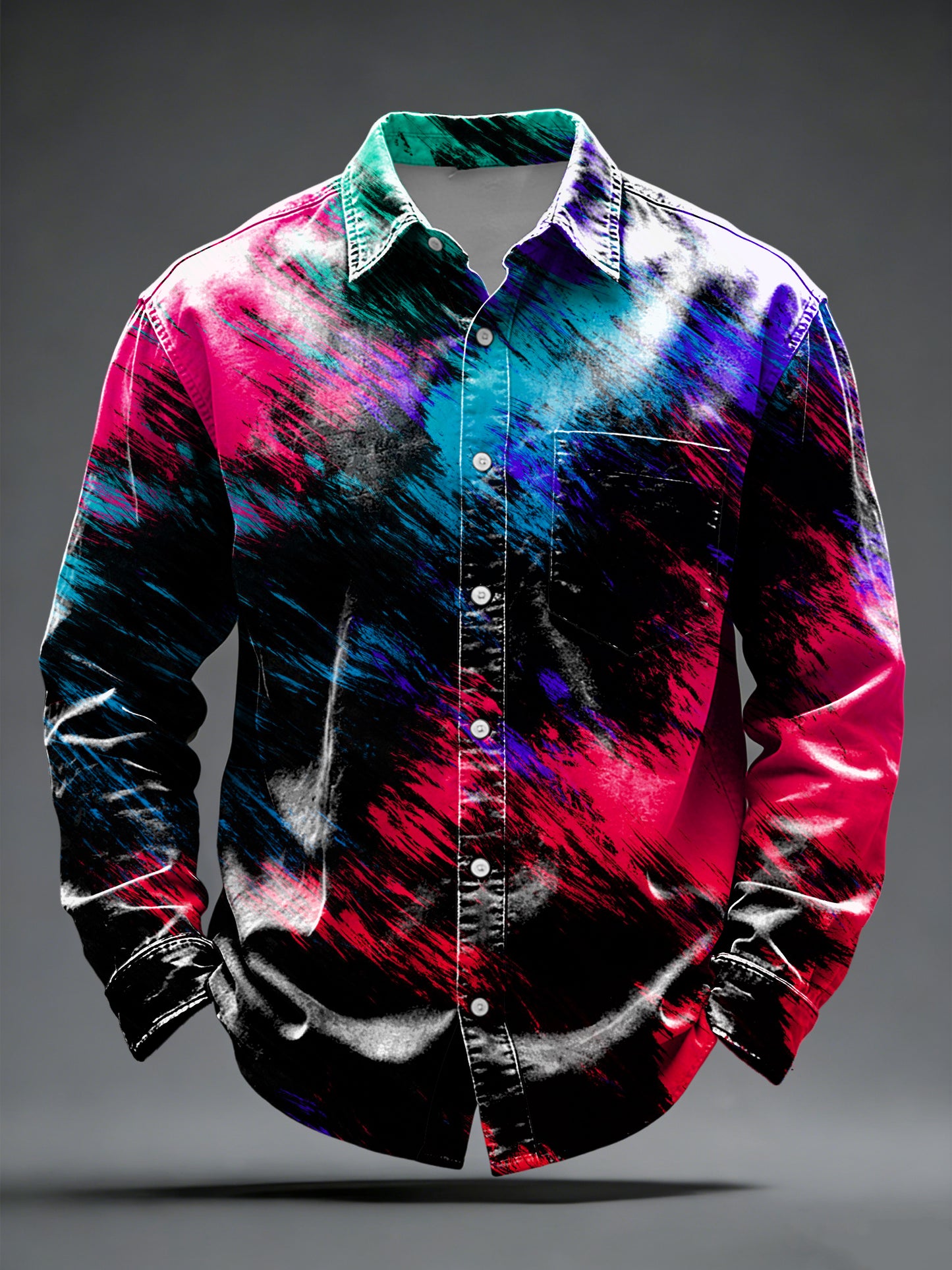 Camisa de botones de pincelada abstracta de color rosa-azul vibrante para hombre