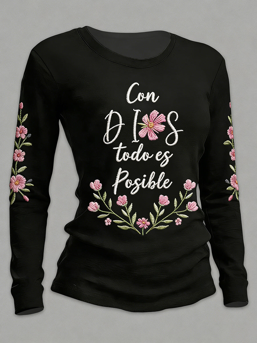 Camiseta de manga larga con cuello redondo estampado de fe para mujer