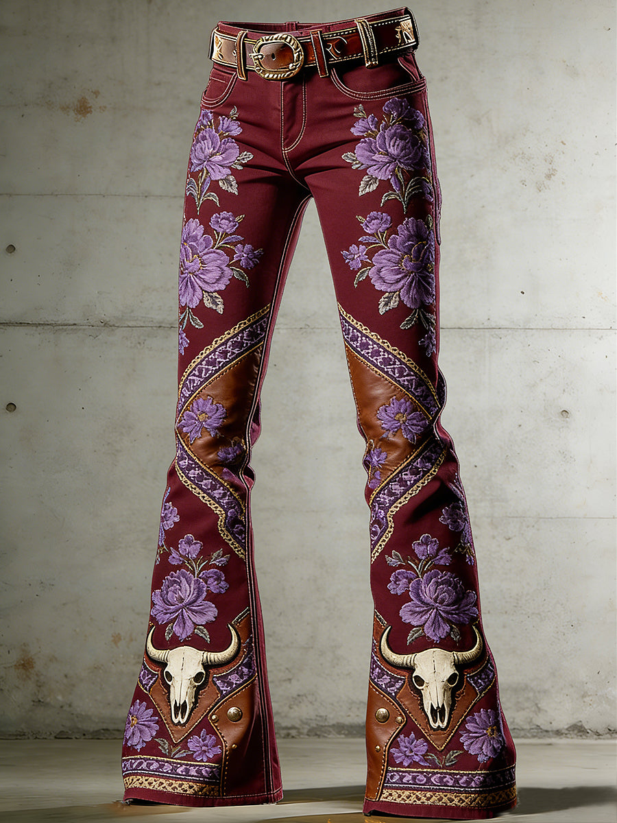 Pantalones acampanados con estampado de flores occidentales para mujer