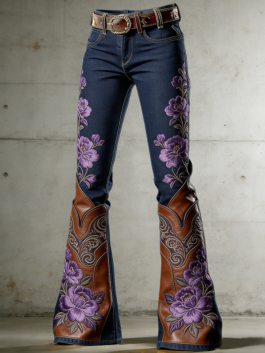 Pantalones acampanados con estampado de flores occidentales para mujer