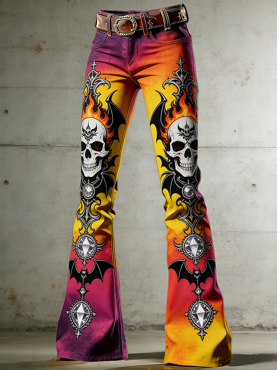 Pantalones acampanados góticos de la impresión del arte del cráneo de las mujeres