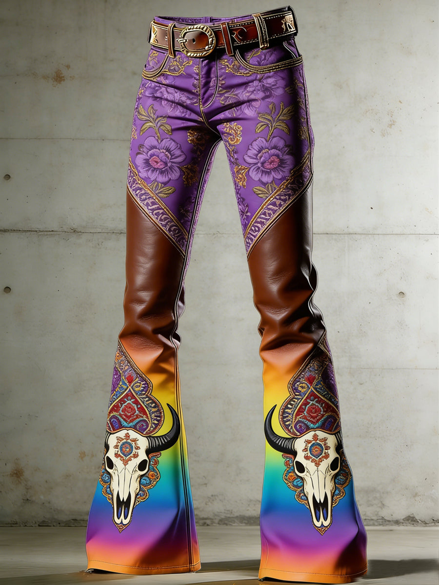 Pantalones acampanados con estampado de arte de flores bohemias para mujer