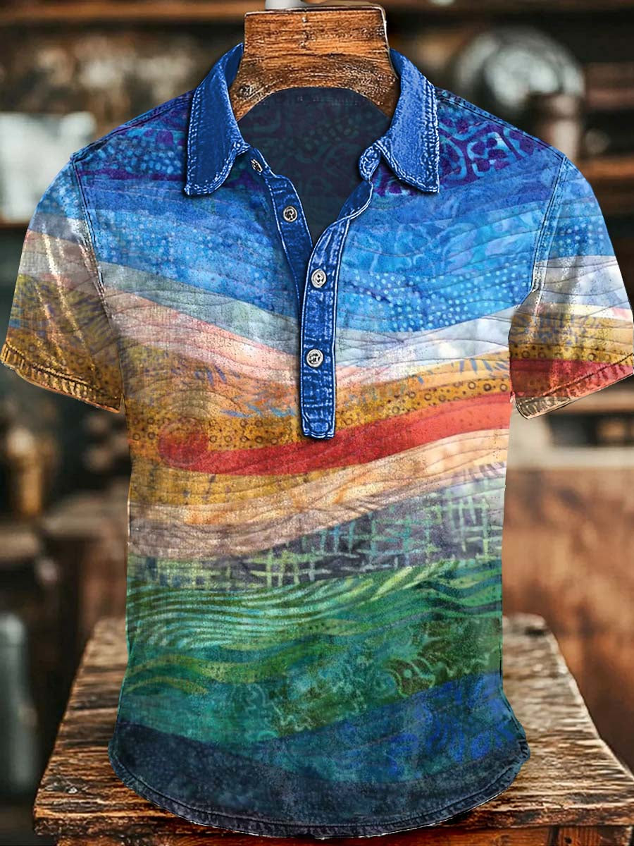 Polo de manga corta informal con estampado degradado texturizado de pintura al óleo