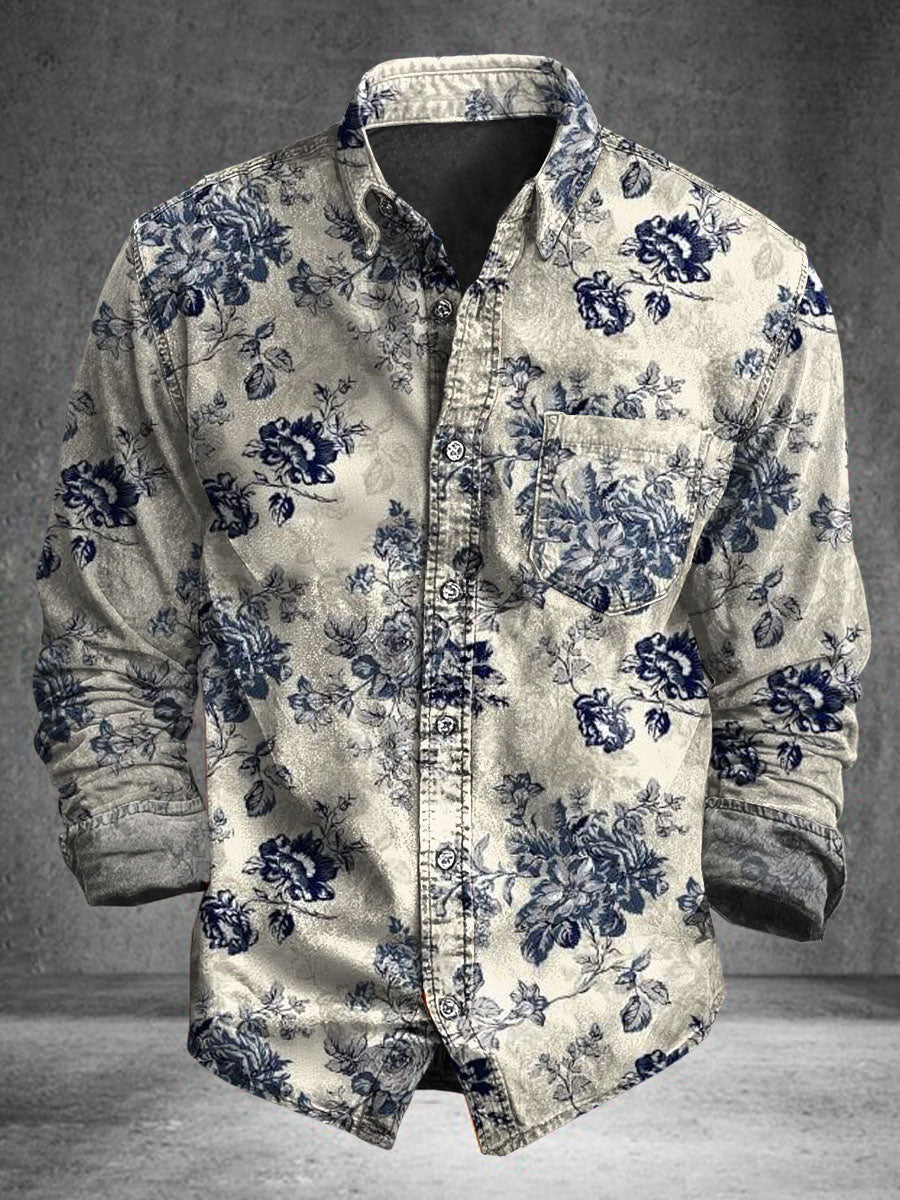 Camisa de manga larga casual con estampado floral retro