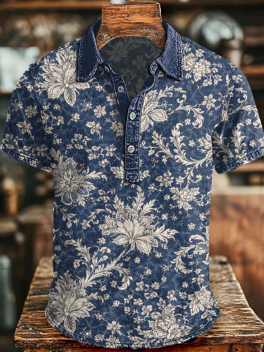 Polo de manga corta casual con estampado floral retro