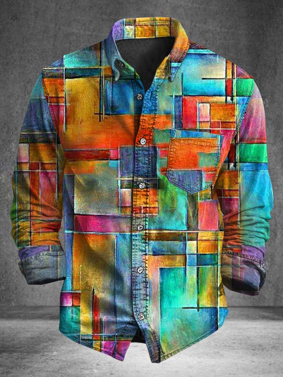 Camisa de manga larga casual con estampado de bloques de color de pintura al óleo