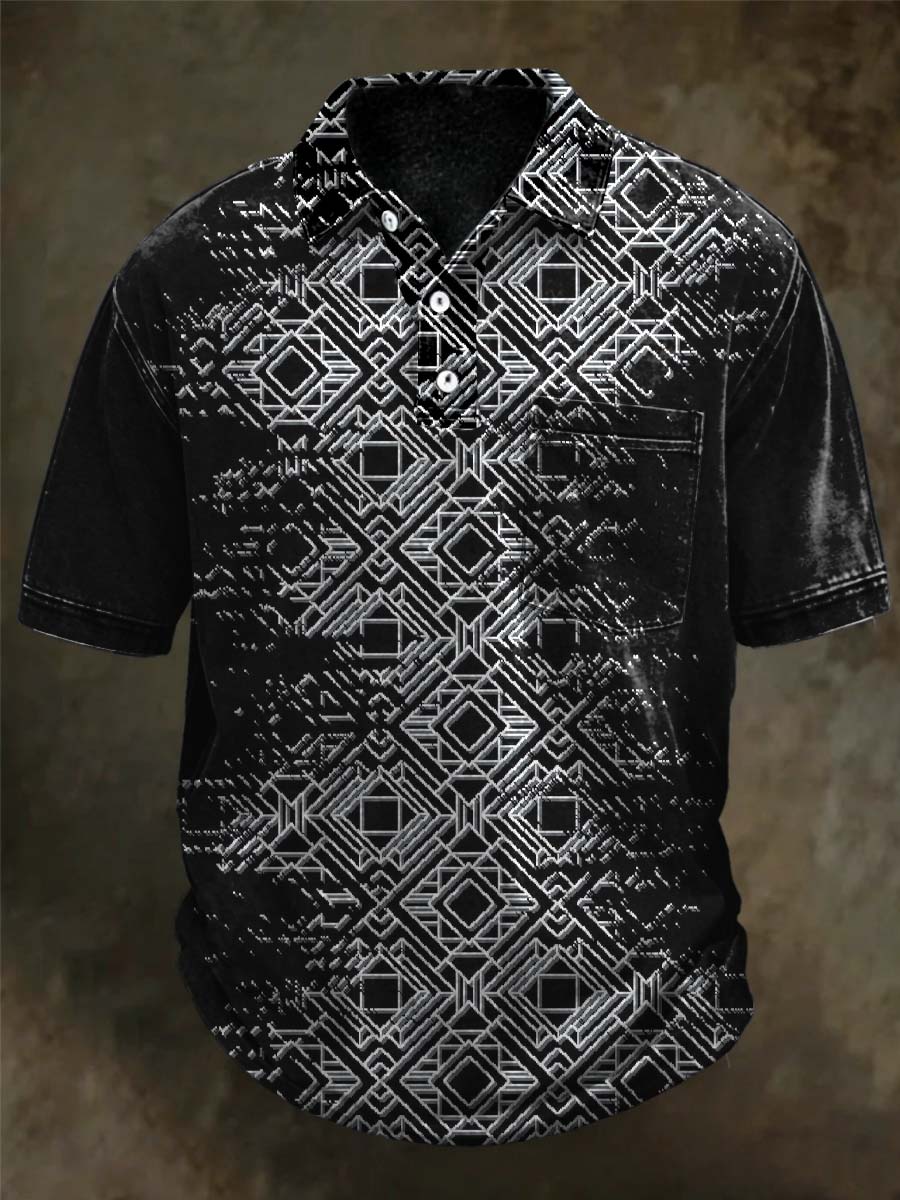 Polo casual de manga corta con estampado geométrico degradado en blanco y negro