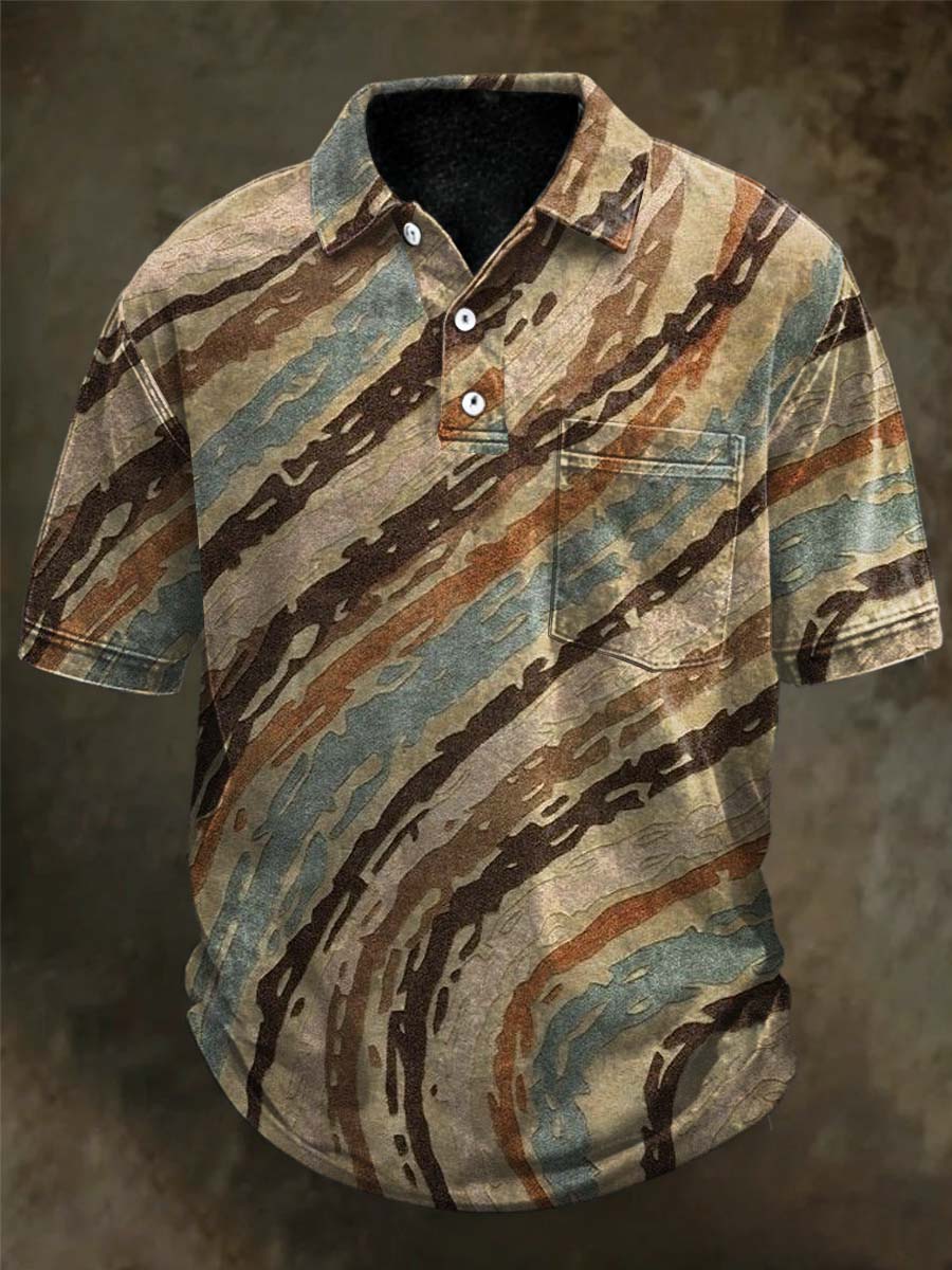 Polo de manga corta casual con estampado de onda de grano de madera