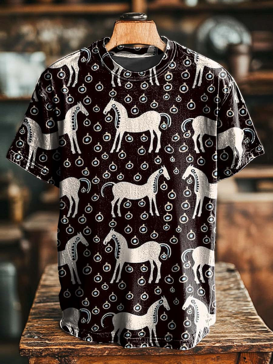 Camiseta casual de manga corta con estampado de caballo negro abstracto