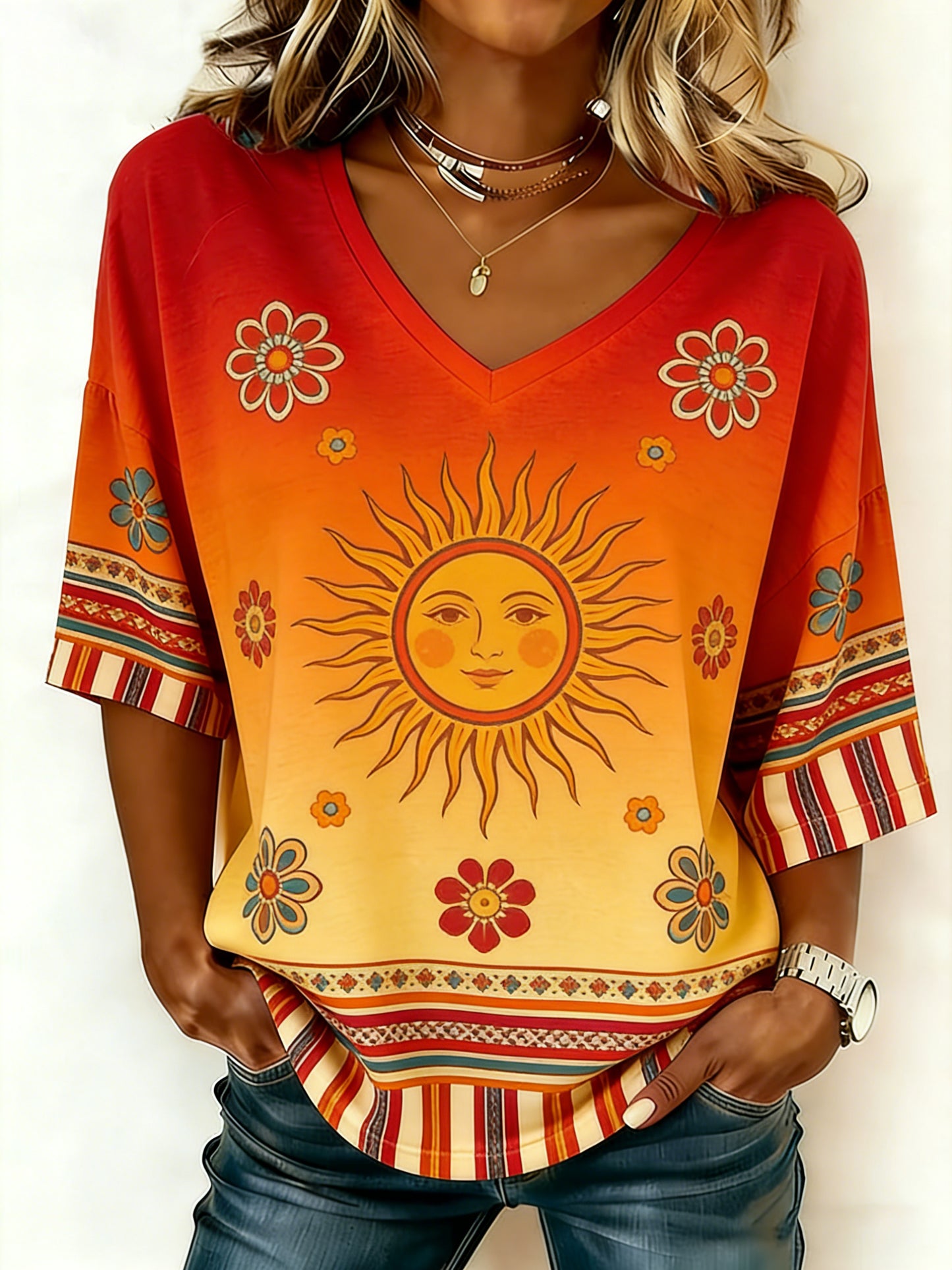 Camiseta española del hombro de la gota del cuello en V de la impresión del hippie de las mujeres