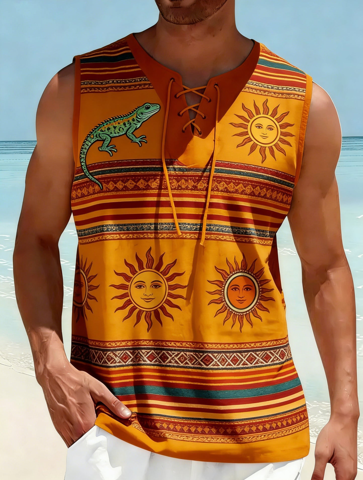 Chaleco de cuello en V con estampado hippie español para hombre