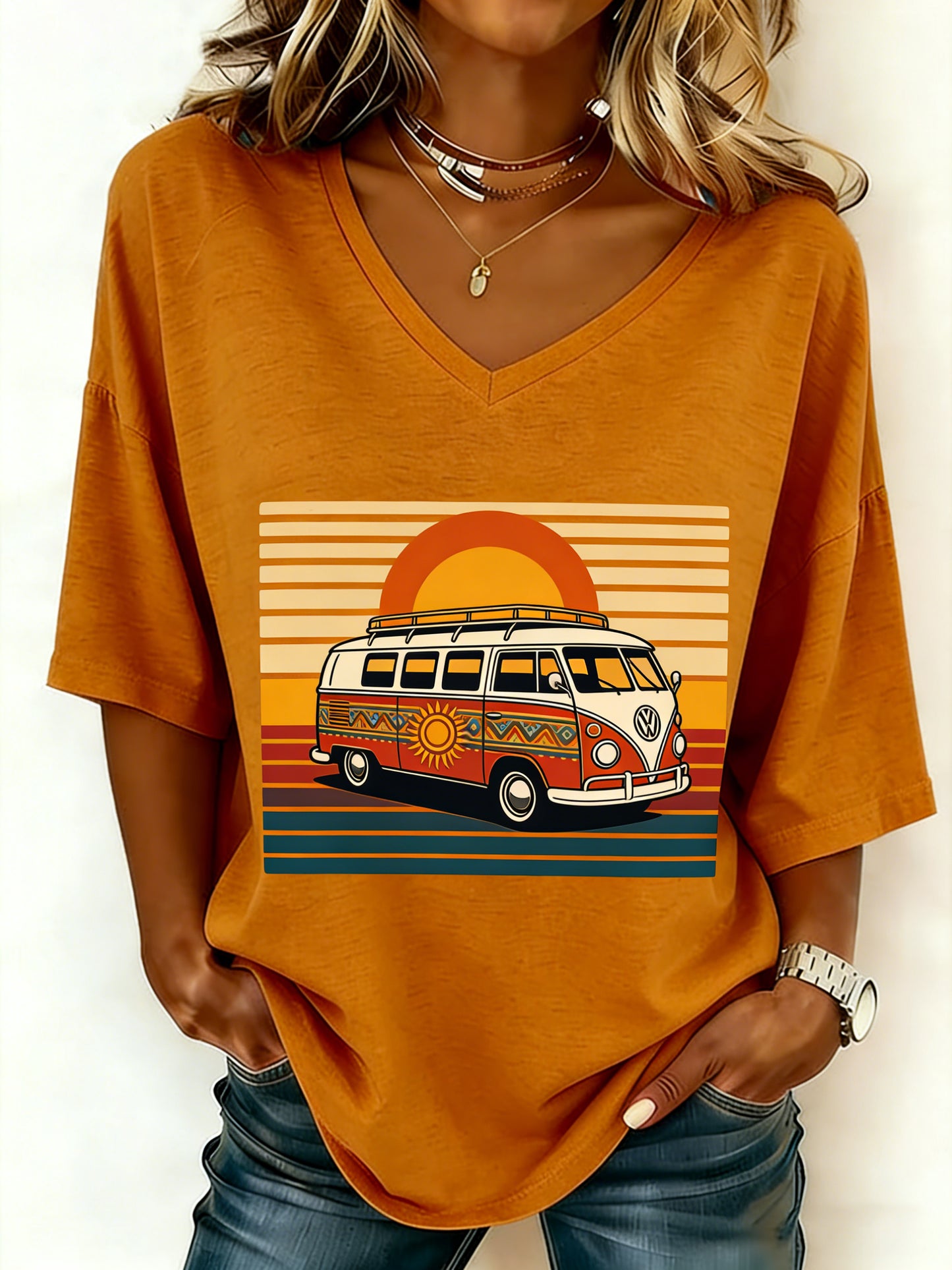 Camiseta de mujer estilo hippie con estampado, cuello en V y hombros caídos