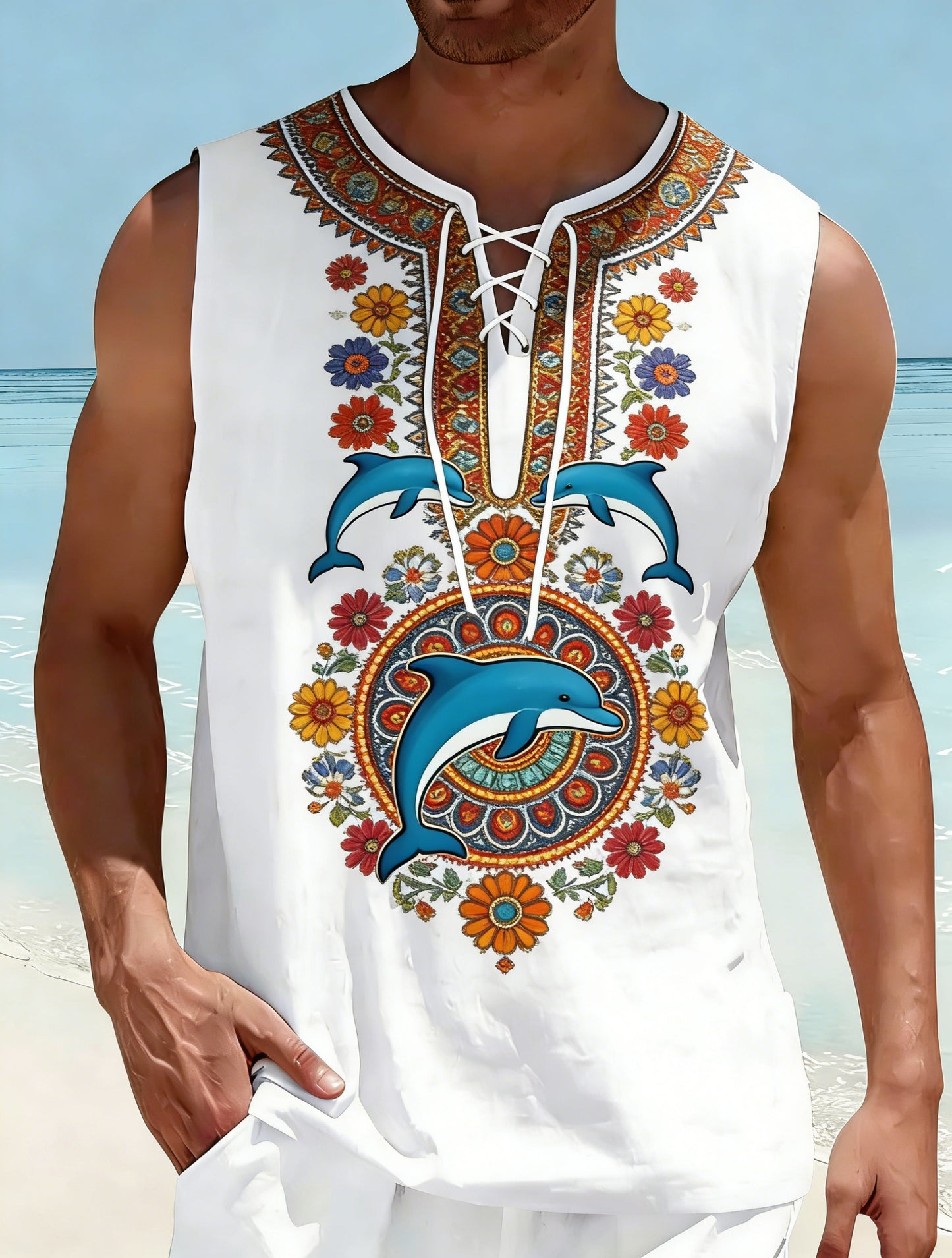 Chaleco con cuello en V y estampado de hippie español para hombre