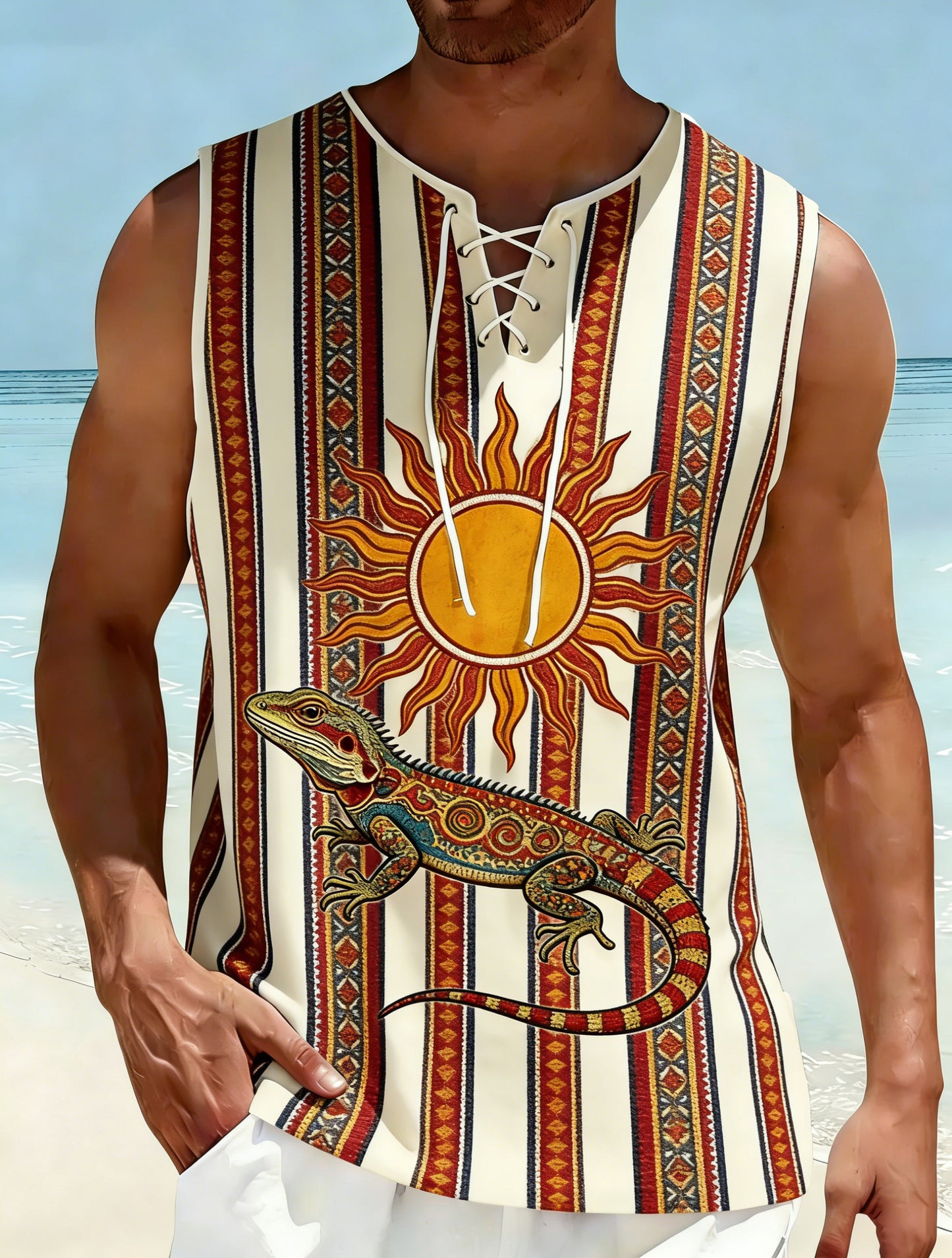 Chaleco con cuello en V y estampado de hippie español para hombre