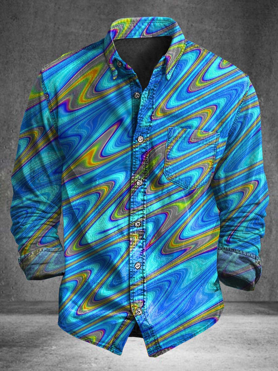 Camisa de manga larga informal con estampado de remolino fluido abstracto