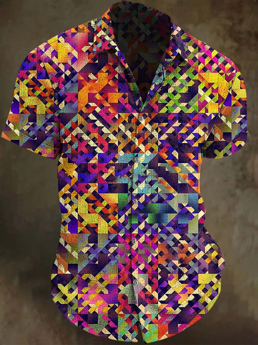 Camisa de manga corta casual con estampado geométrico colorido