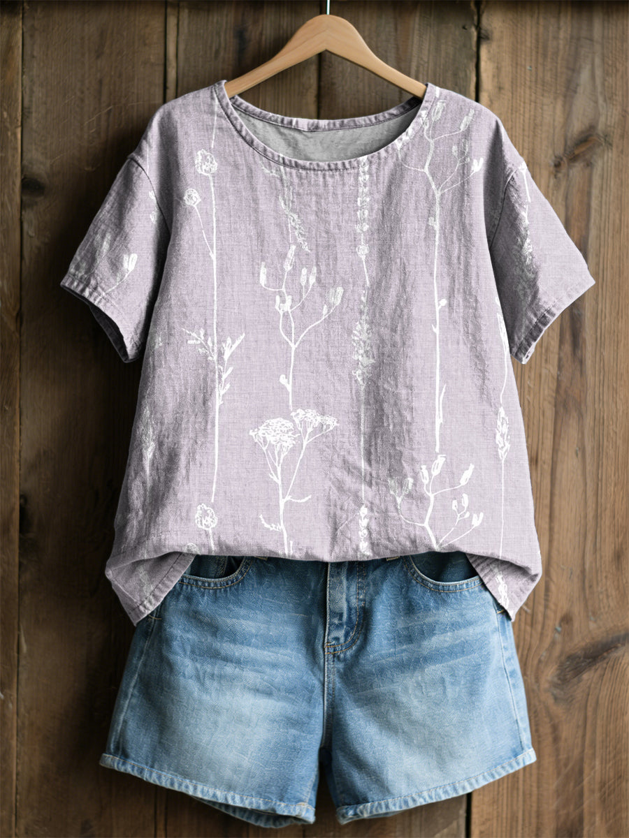 Camiseta casual con estampado de plantas y flores para mujer