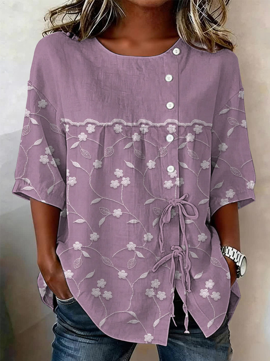 Camisa de mujer con botones y estampado de plantas y flores, de mezcla de lino