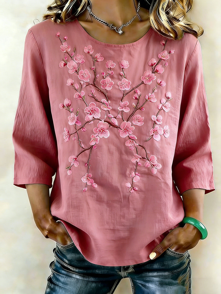 Camisa de lino de arte floral para mujer