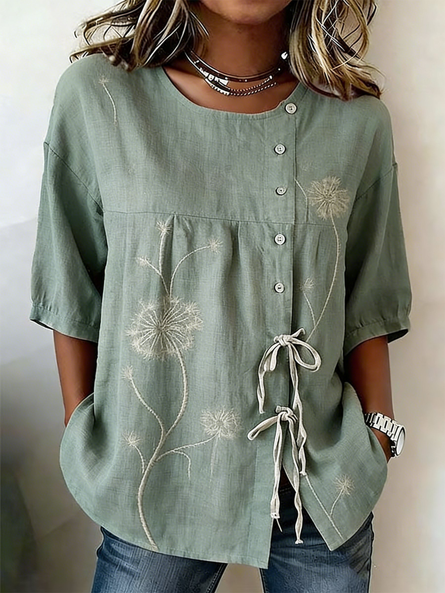 Planta y flor de las mujeres abotonada y camisa de mezcla de lino con cordones