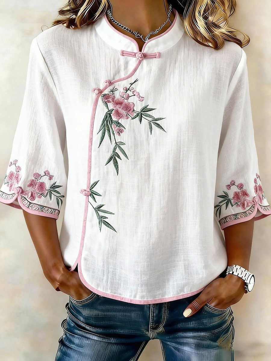 Camiseta floral de algodón y lino para mujer