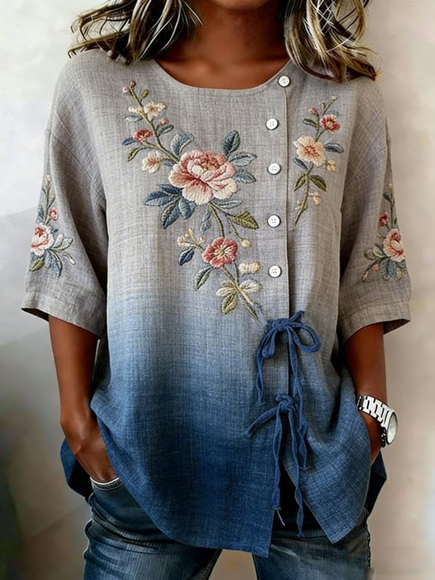 Camisa de mezcla de lino con botones florales para mujer