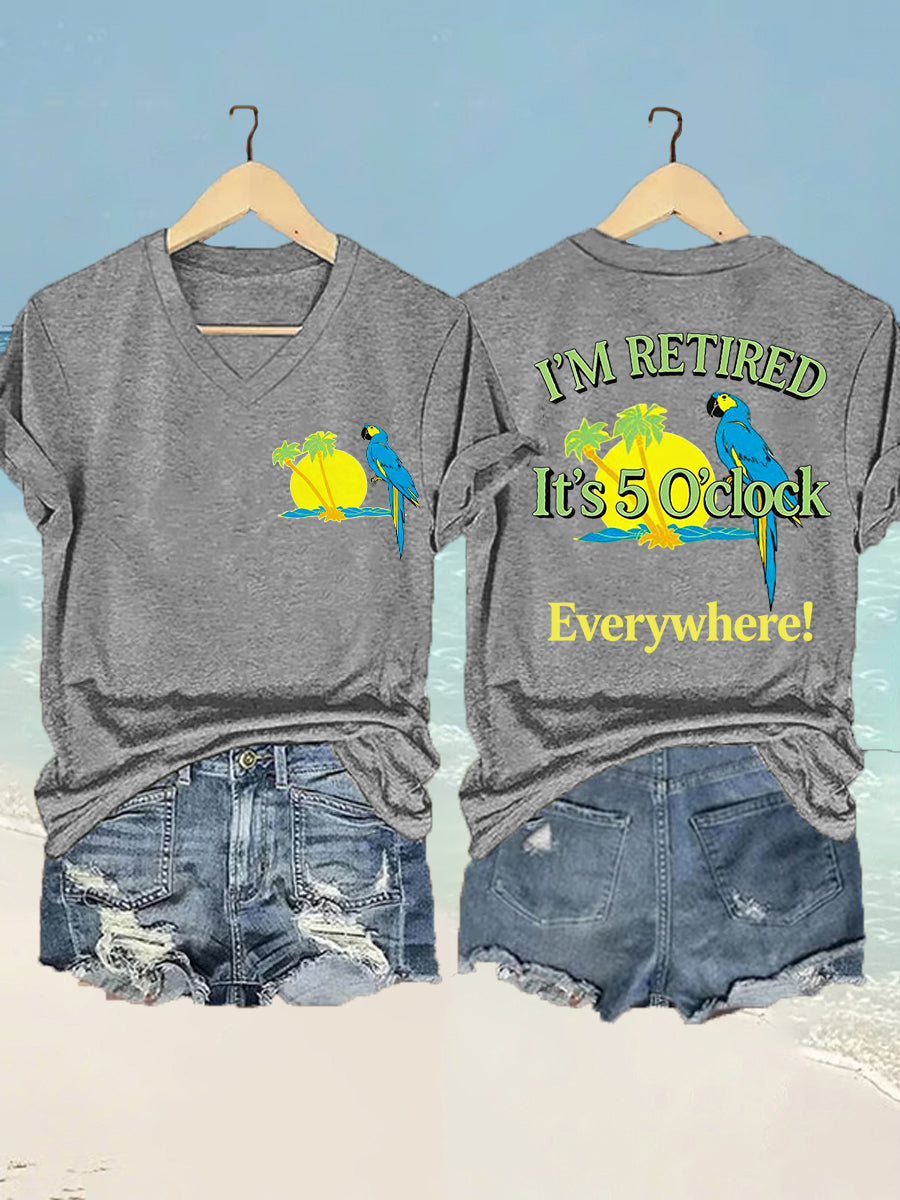 I'm Retired It's 5 O'clock Everywhere Parrot Print Casual Camiseta con cuello en V para mujer