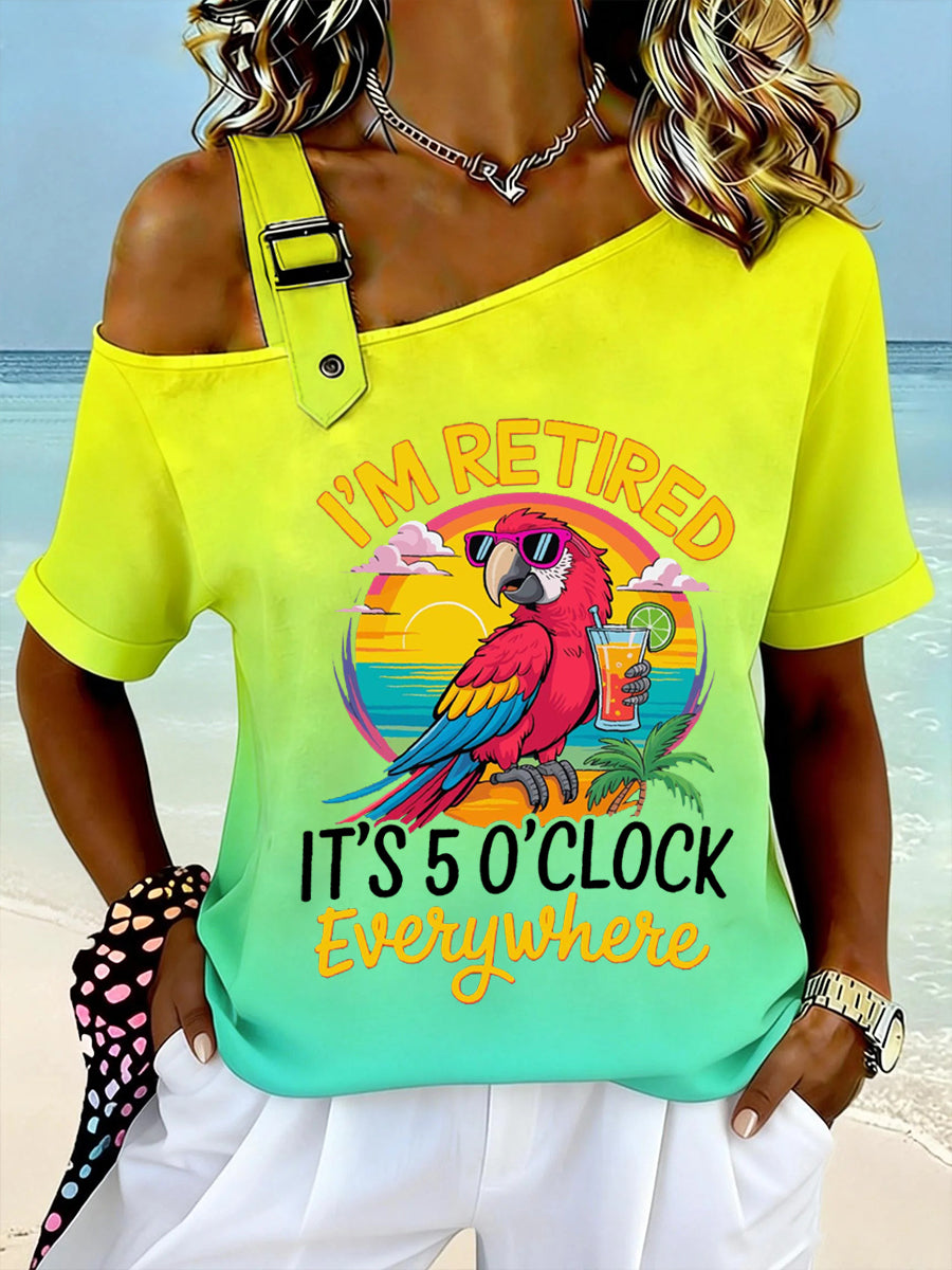 Divertido de las mujeres estoy retirado Es 5 en punto en todas partes Parrot Print Casual Off-Shoulder camiseta de manga corta
