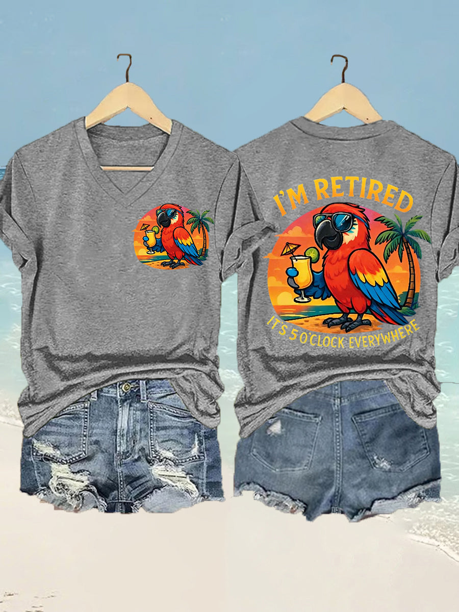 I'm Retired It's 5 O'clock Everywhere Parrot Print Casual Camiseta con cuello en V para mujer