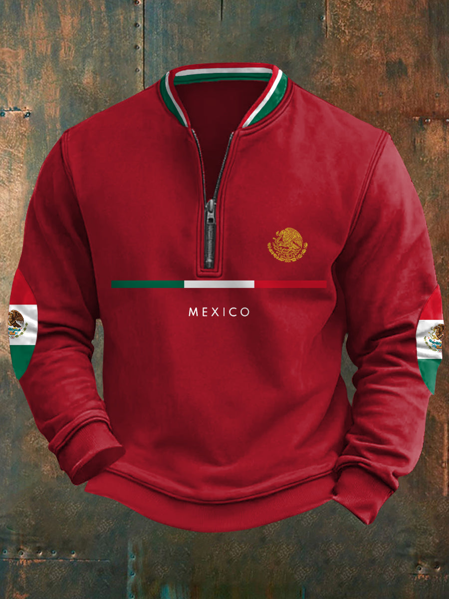 Sudadera con cremallera casual con estampado de bandera mexicana para hombres