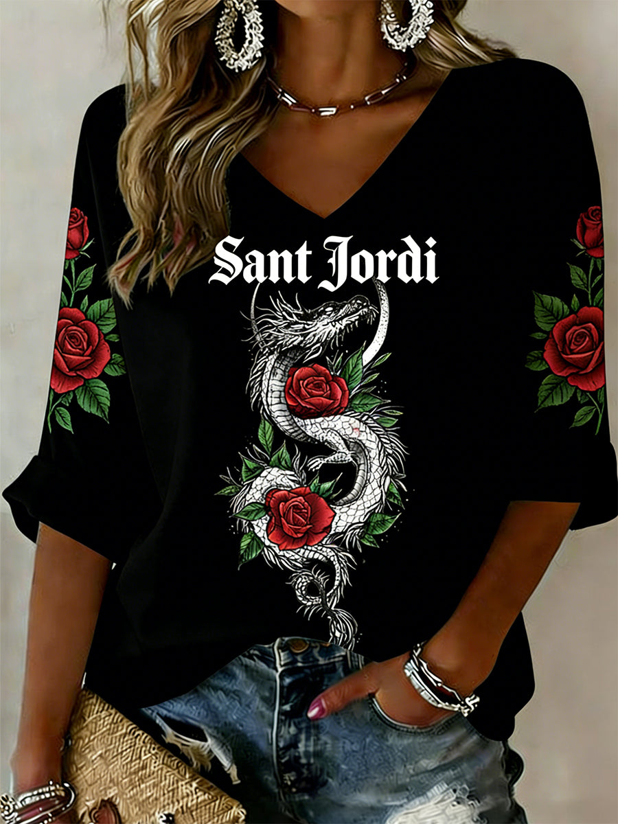 Camiseta con cuello en V y estampado de Sant Jordi Element para mujer