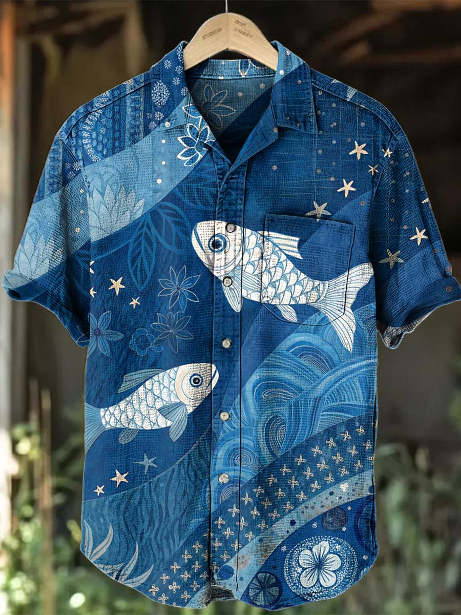 Camisa casual de manga corta con estampado náutico de inspiración japonesa