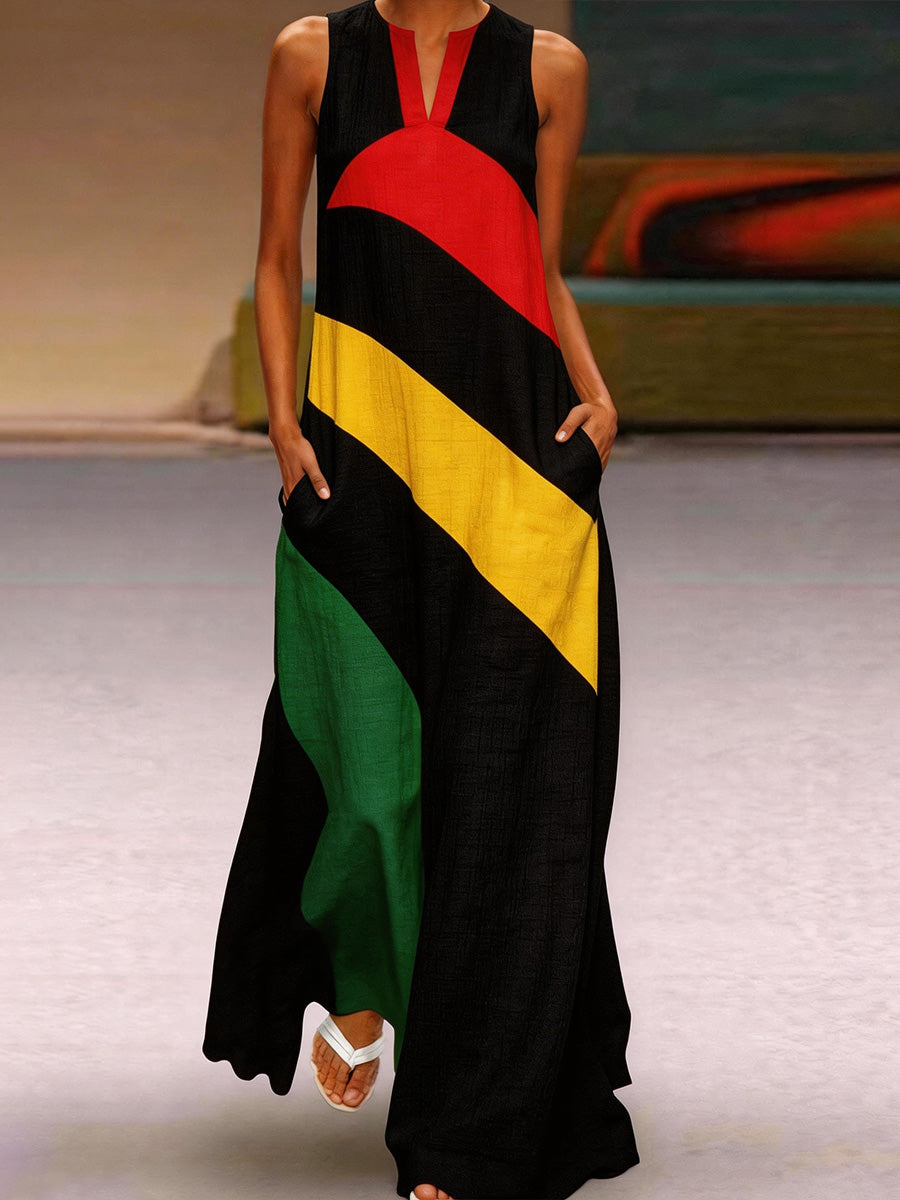 Vestido largo de algodón y lino con inspiración reggae para mujer