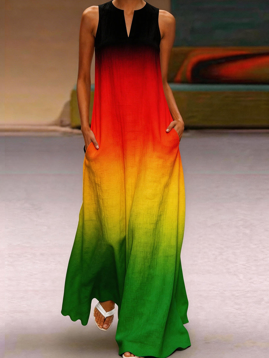 Vestido largo de algodón y lino con inspiración reggae para mujer