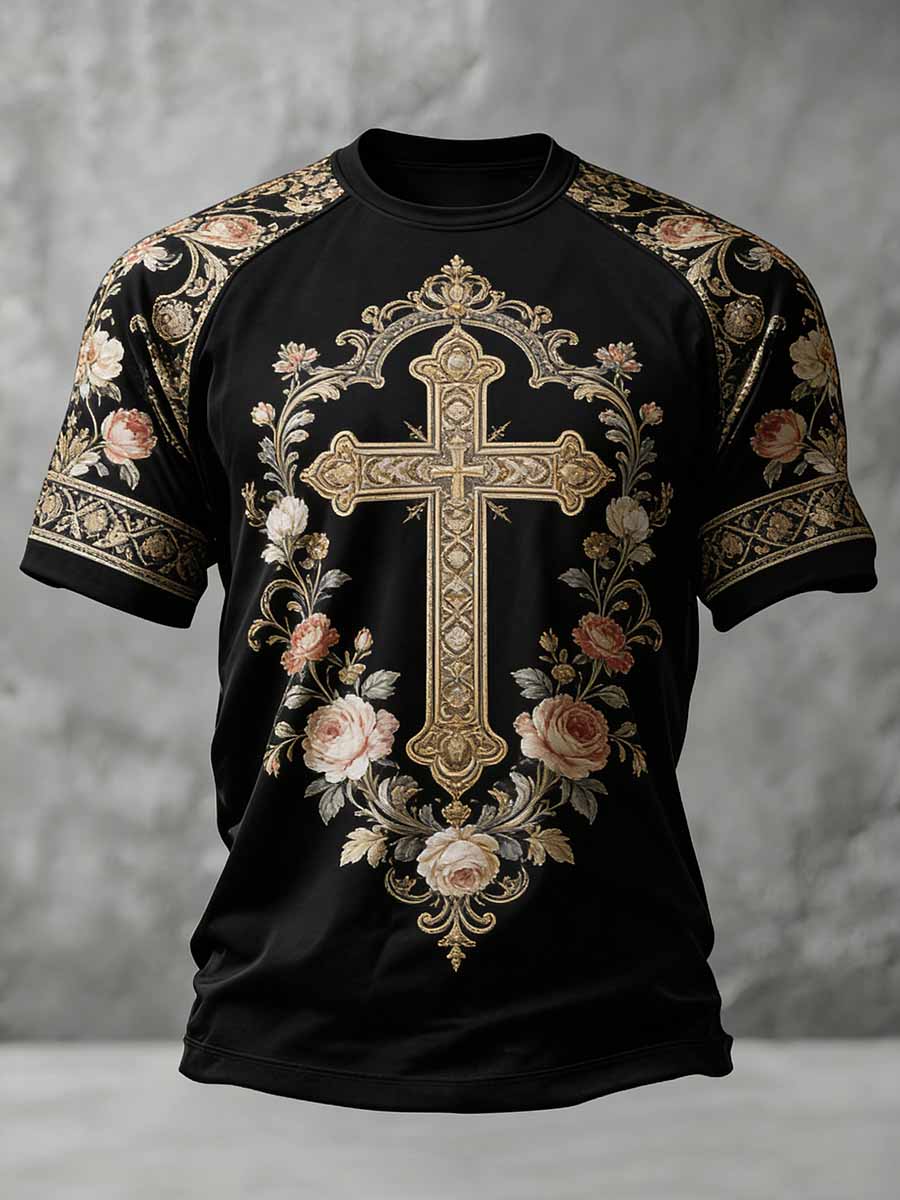 Camiseta casual vintage con estampado de cruz para hombre