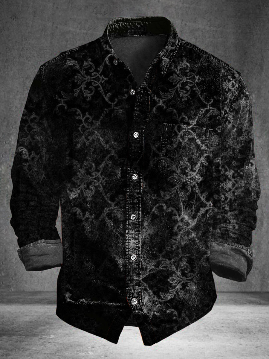 Camisa casual de manga larga con estampado de patrón retro étnico