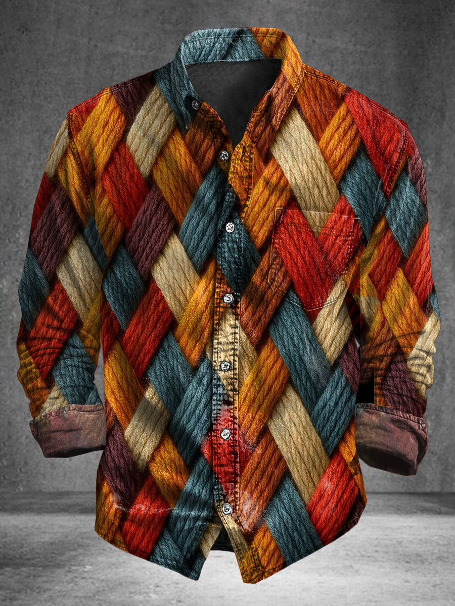 Camisa de manga larga casual con estampado de color de tela tejida