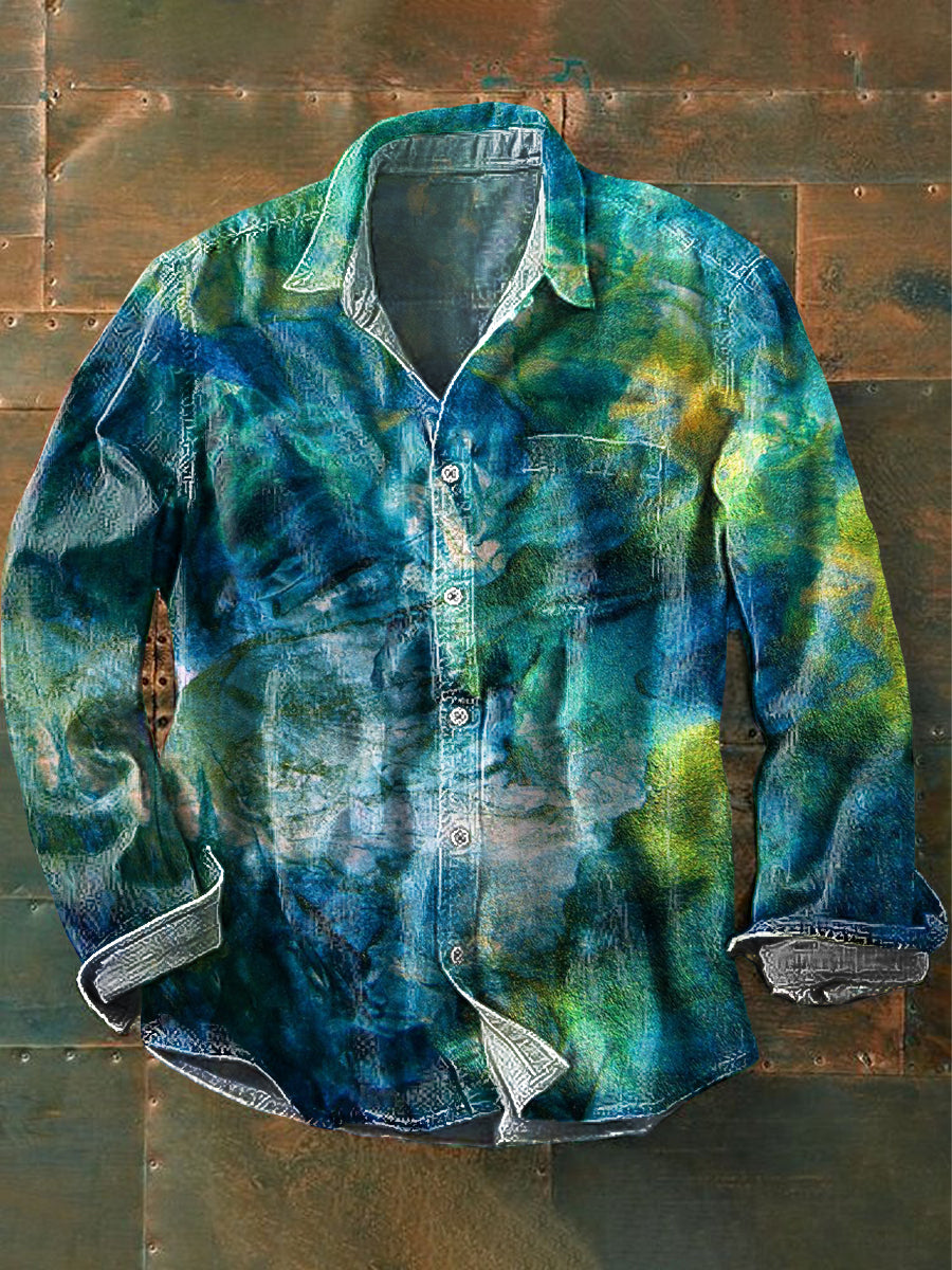 Camisa de manga larga informal con estampado de color de mar profundo y bloqueada