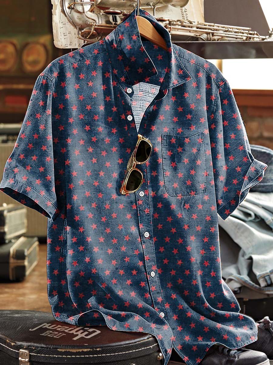 Camisa casual de manga corta con estampado de estrellas de cinco puntas roja