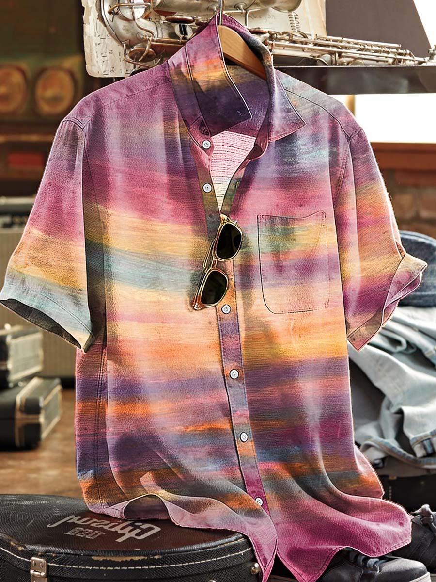 Camisa casual de manga corta con estampado de rayas acuarela degradado
