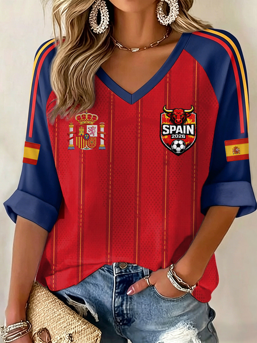 Regalo para mujeres, para aficionadas al fútbol español: camiseta informal con estampado, cuello en V y manga larga
