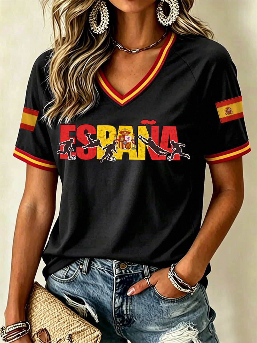 Camiseta casual con estampado y cuello en V para mujeres, regalo para aficionadas al fútbol español