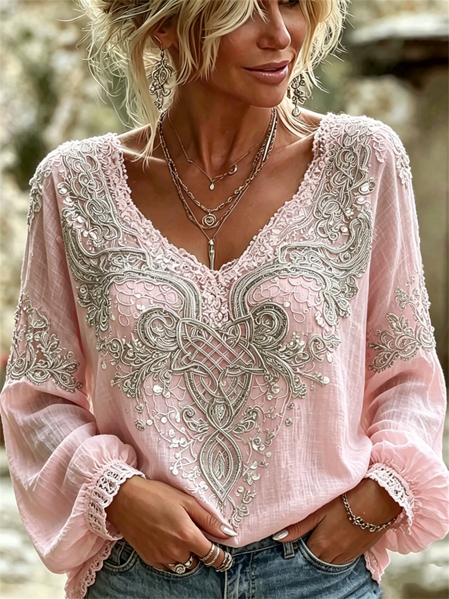 Camisa de lino de algodón con estampado floral de encaje de nudo celta vikingo con clase para mujer