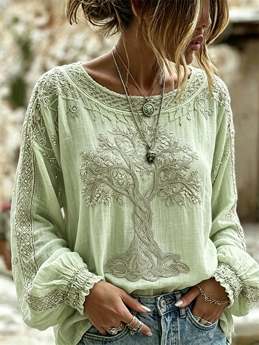 Camisa de lino vintage de algodón con estampado Árbol de la vida vikingo para mujer