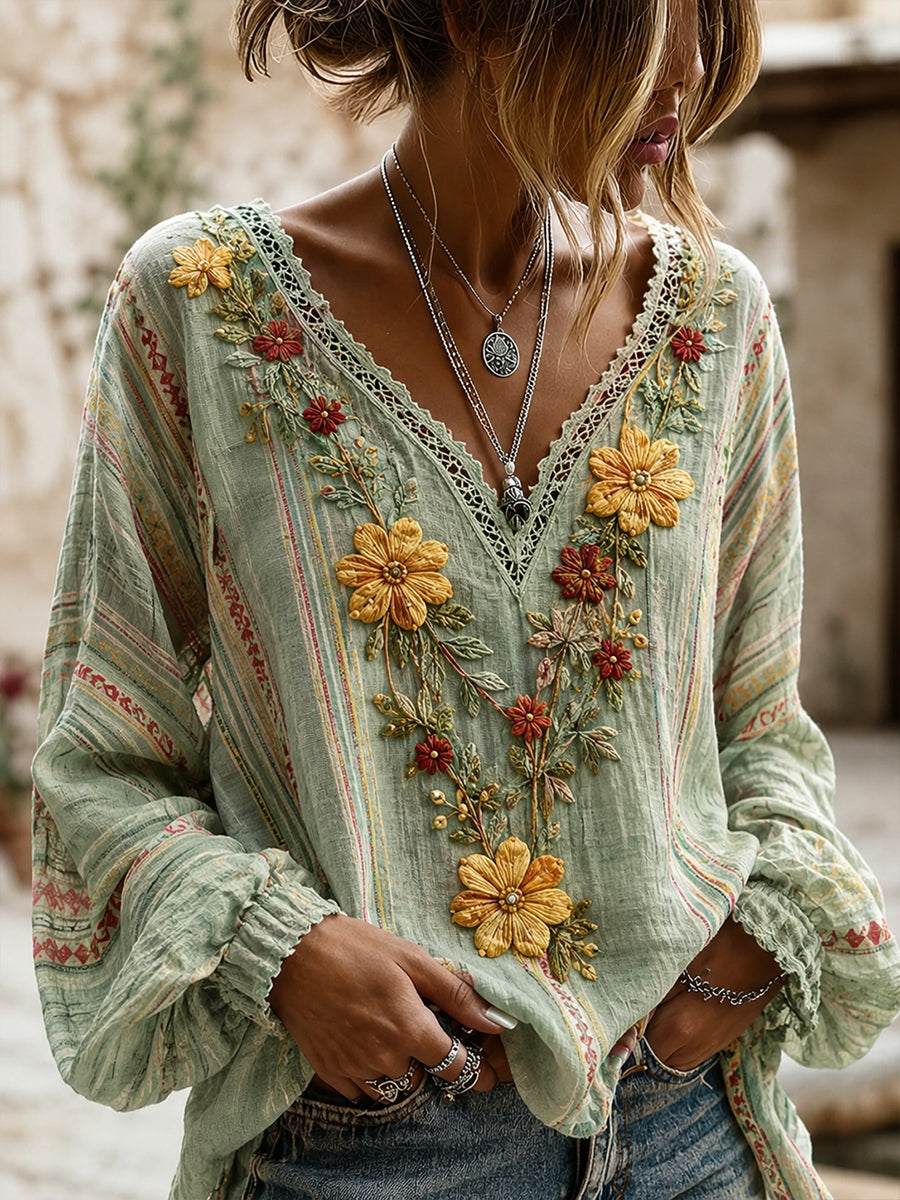 Top de algodón y lino para mujer con estampado floral y cuello en V