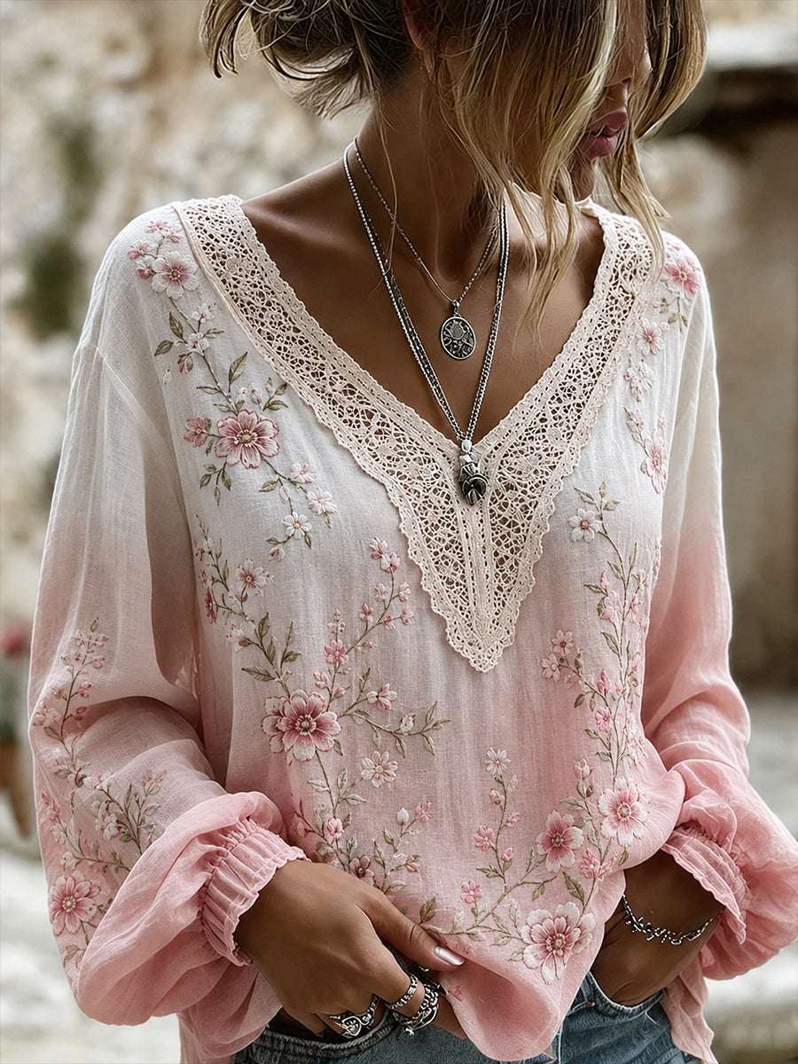 Mujer Algodón y Lino Estampado Floral Escote en V Top