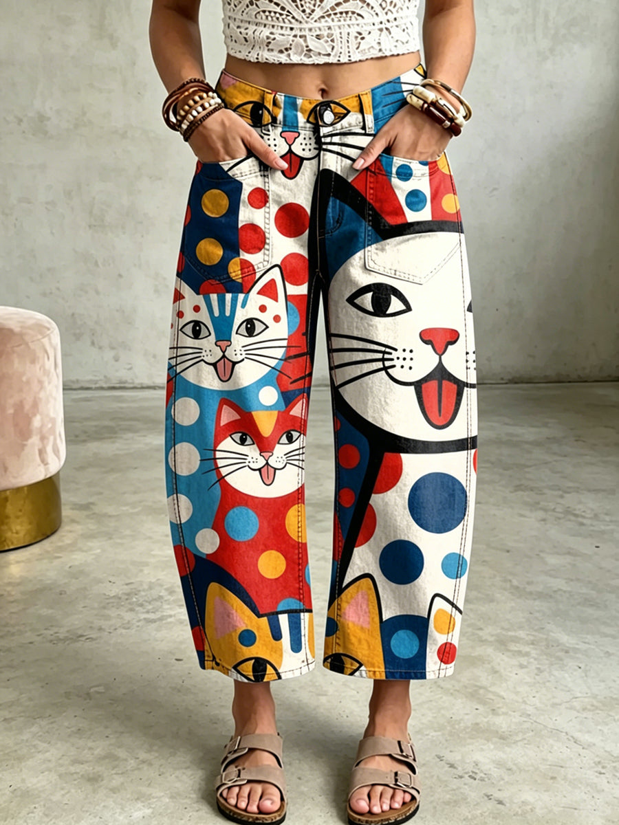 Pantalones con bolsillos y estampado artístico de gato para mujer