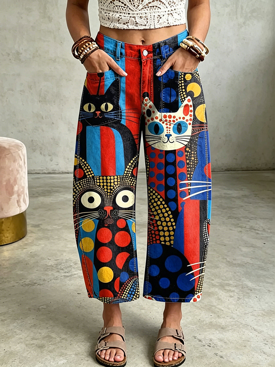 Pantalones de bolsillo con estampado de arte de gato animal para mujer