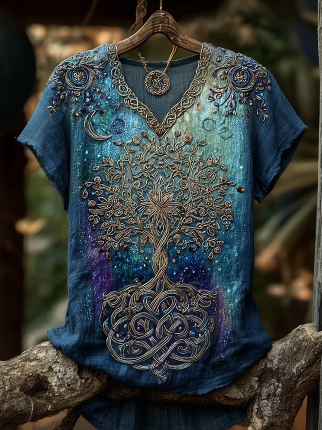 Patrón de la mitología nórdica vikinga retro de las mujeres impreso de lino de manga corta camiseta