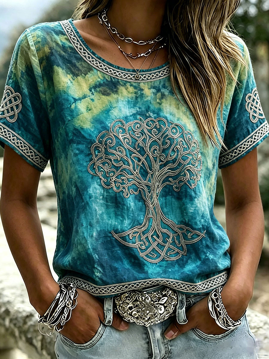 Camiseta de manga corta de lino con estampado Viking Celtic Tree Of Life para mujer